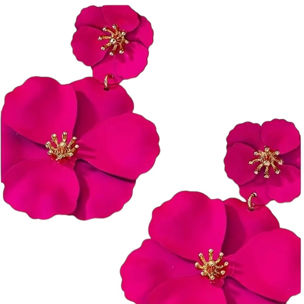 Metal Fuchsia Pink and Gold Drop Flower Earrings